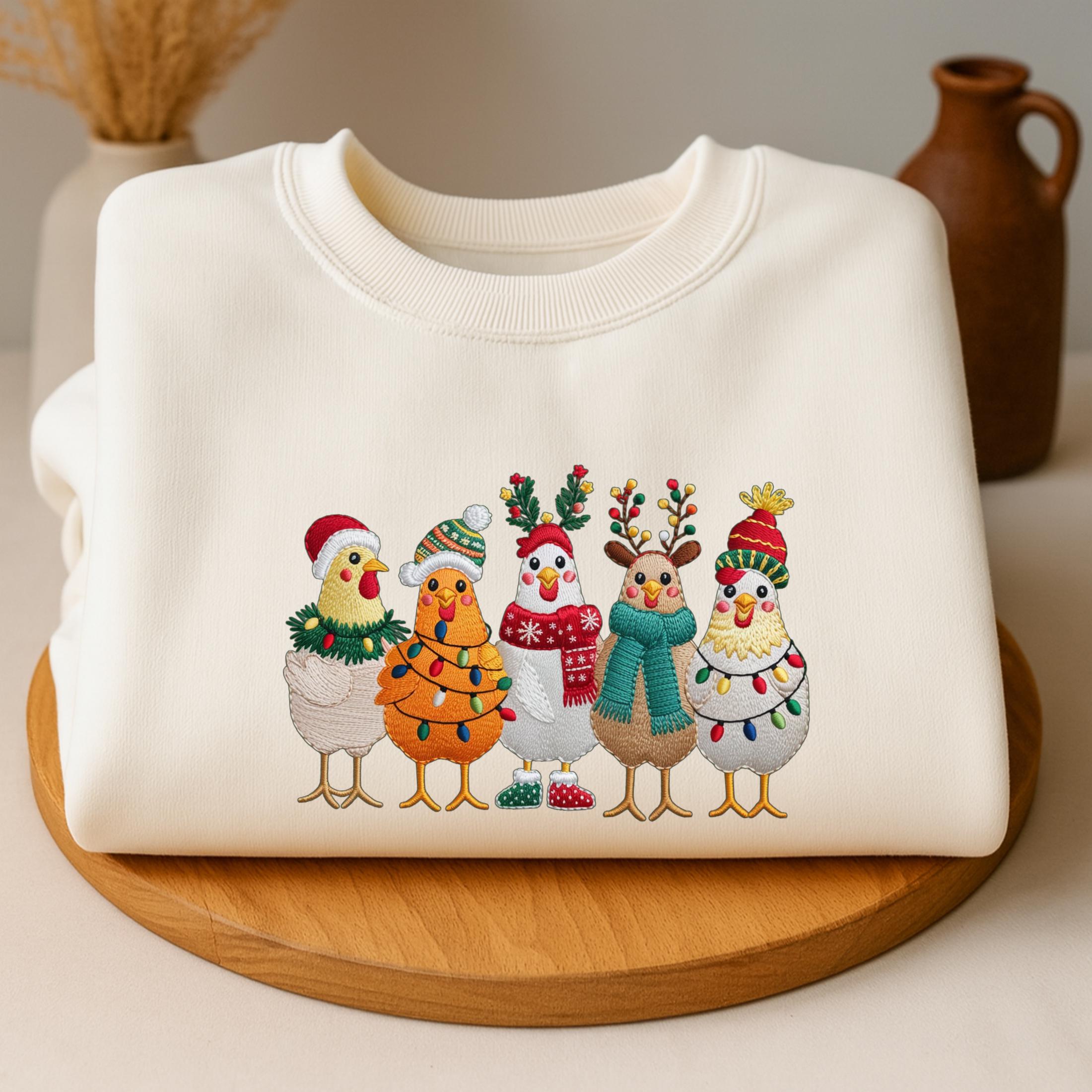Embroidered Christmas Chickens Sweatshirt – Funny Holiday Farm Shirt