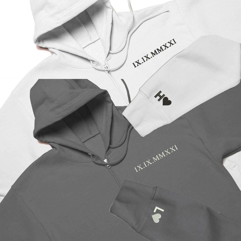 Custom Embroidered Roman Numeral Date + Initials on Sleeves Zip Hoodie, Personalised zip hoodie, Embroidered zip hoodie, Couples Hoodie