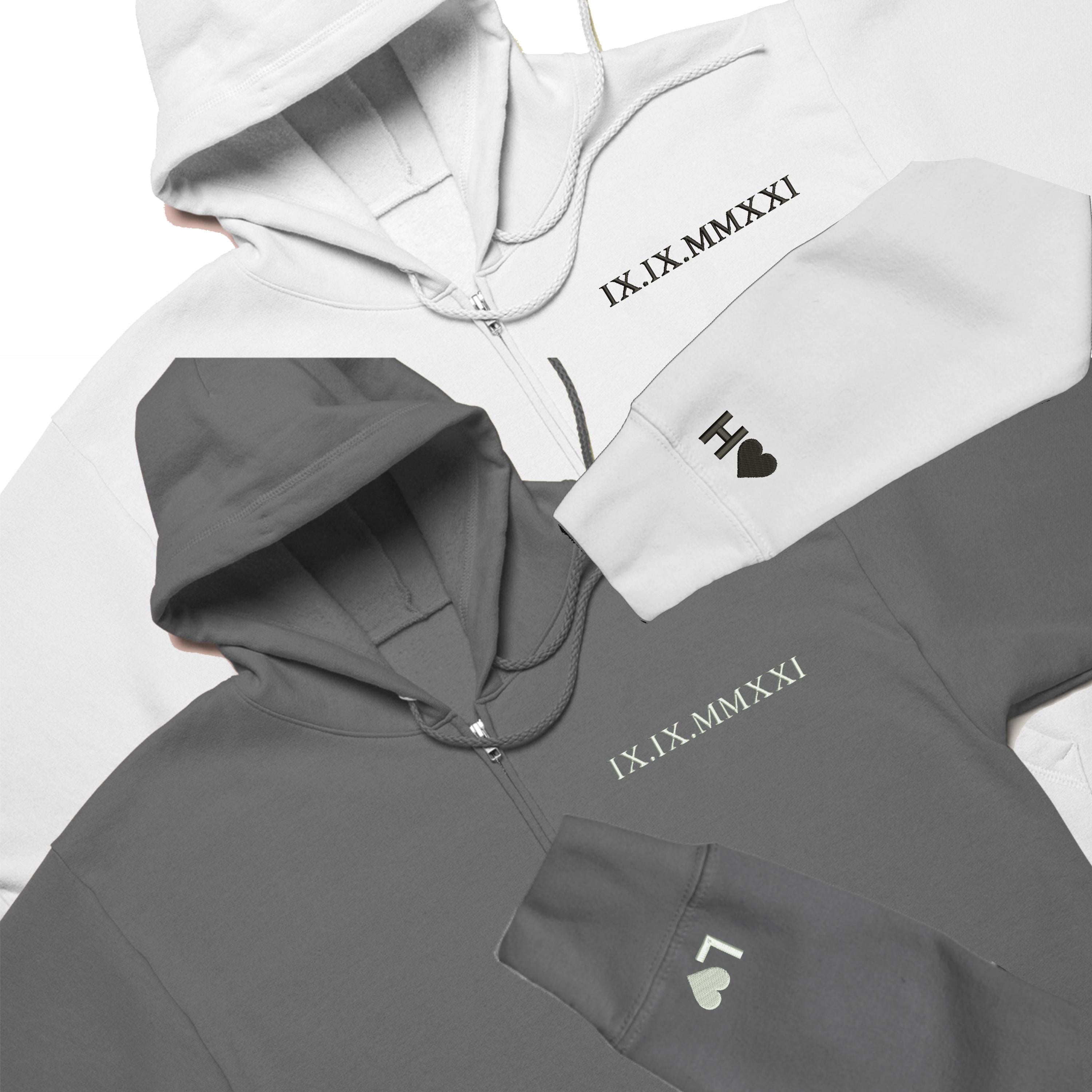 Custom Embroidered Roman Numeral Date + Initials on Sleeves Zip Hoodie, Personalised zip hoodie, Embroidered zip hoodie, Couples Hoodie