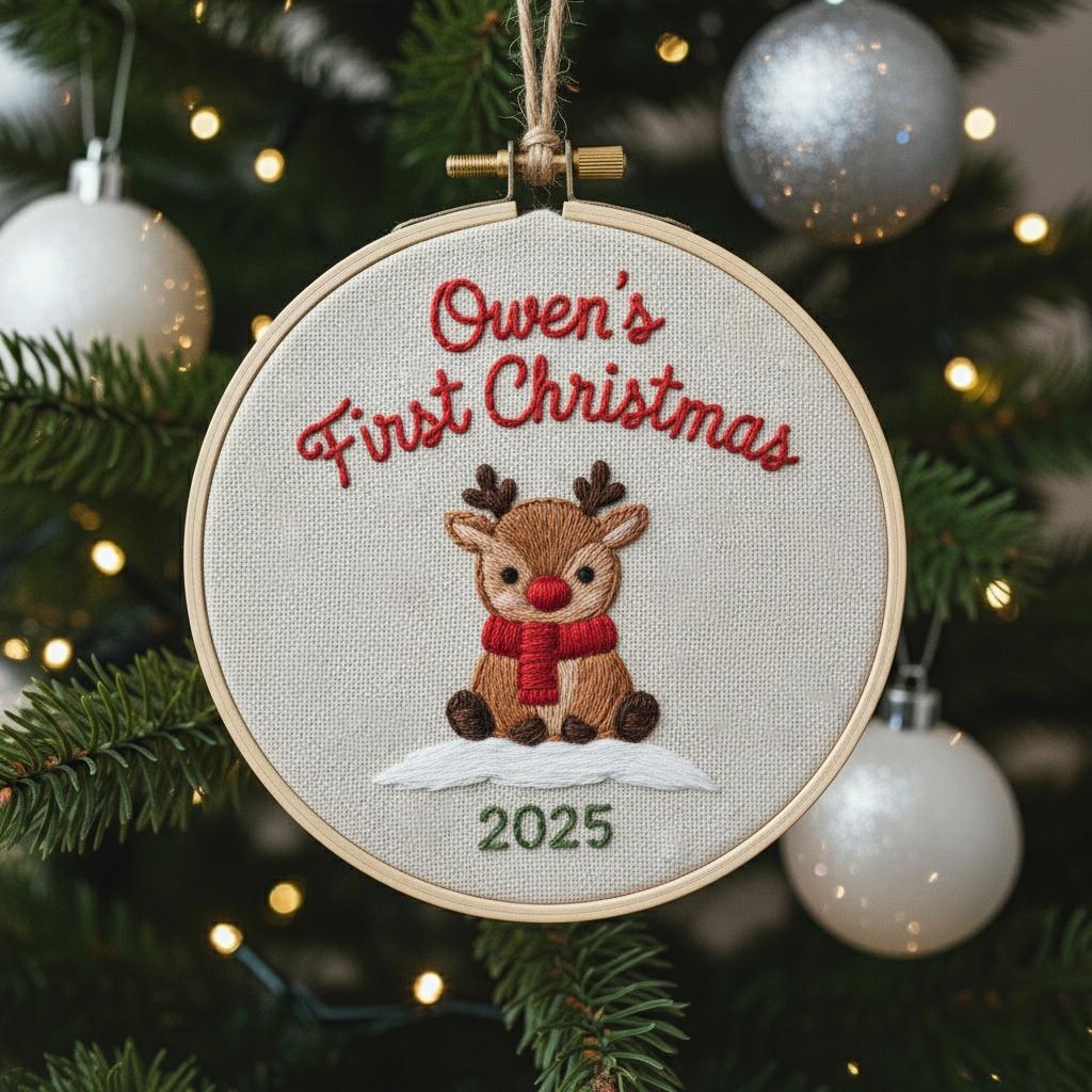 Custom Name Baby's First Christmas Hand Embroidered Ornament, Reindeer Holiday Decor, Personalized Unique Gift for Baby, 2025 Christmas Gift