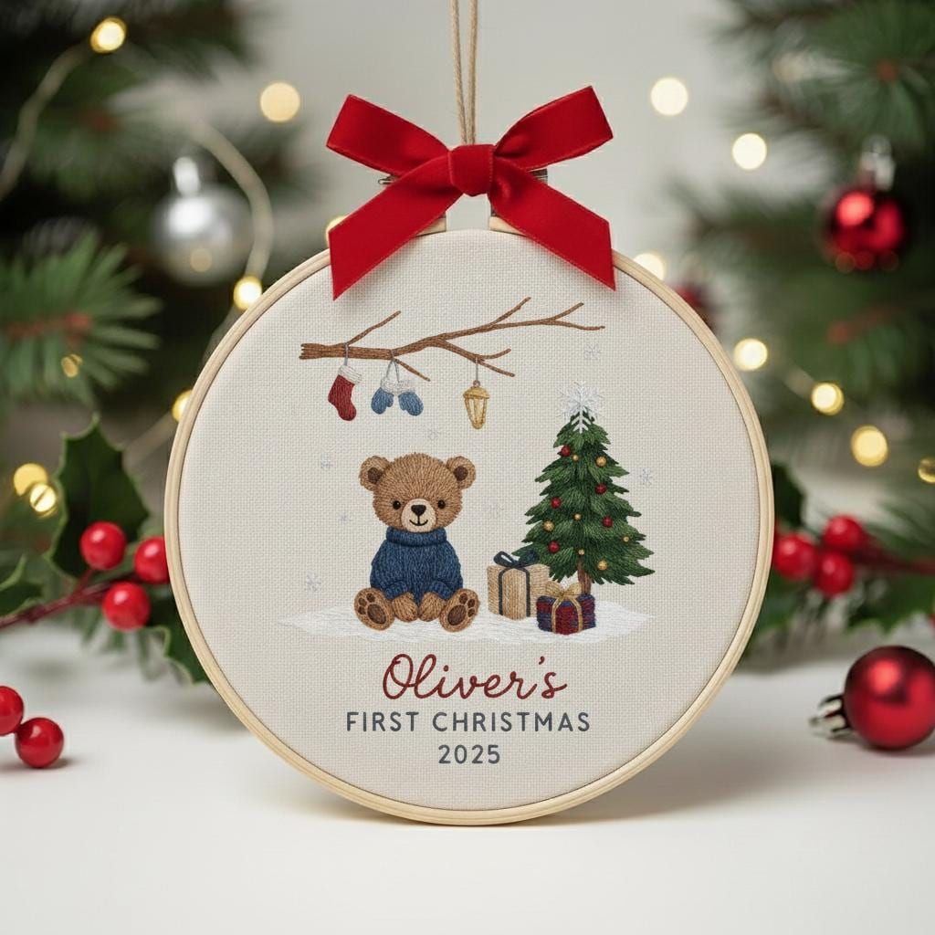 Personalized Baby’s First Christmas Embroidered Ornament, Custom Newborn Keepsake, Baby Girl Ornament, Handmade New Baby Gift