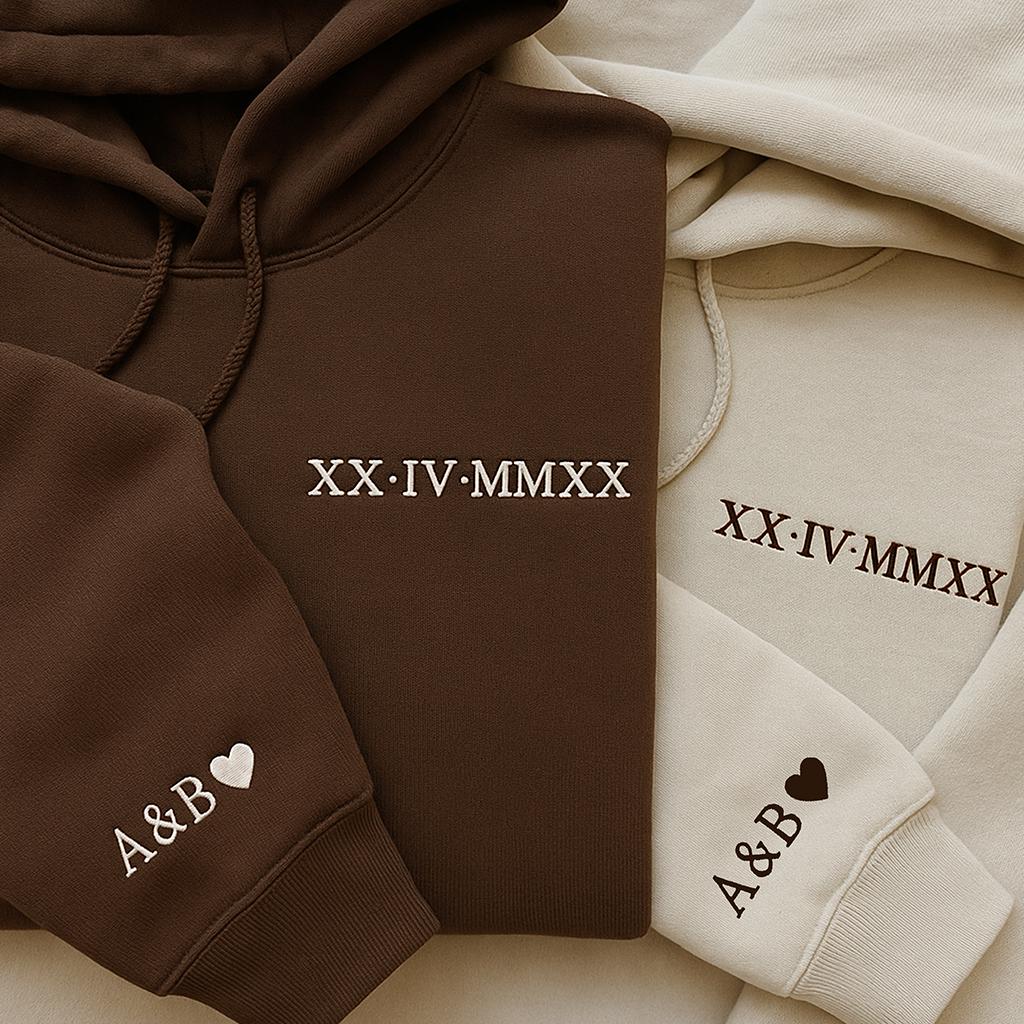 Roman Numeral Embroidered Matching Hoodie, Custom Initials With Heart Sleeve Jumper, Boyfriend Gift, Custom Anniversary Date Couple Hoodies