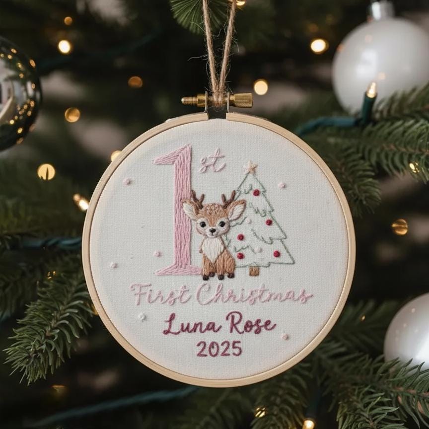 Custom Reindeer Baby's First Christmas Hand Embroidered Ornament, Personalized Unique Gift for New Baby, 2025 Christmas Gift, Holiday Decor 3