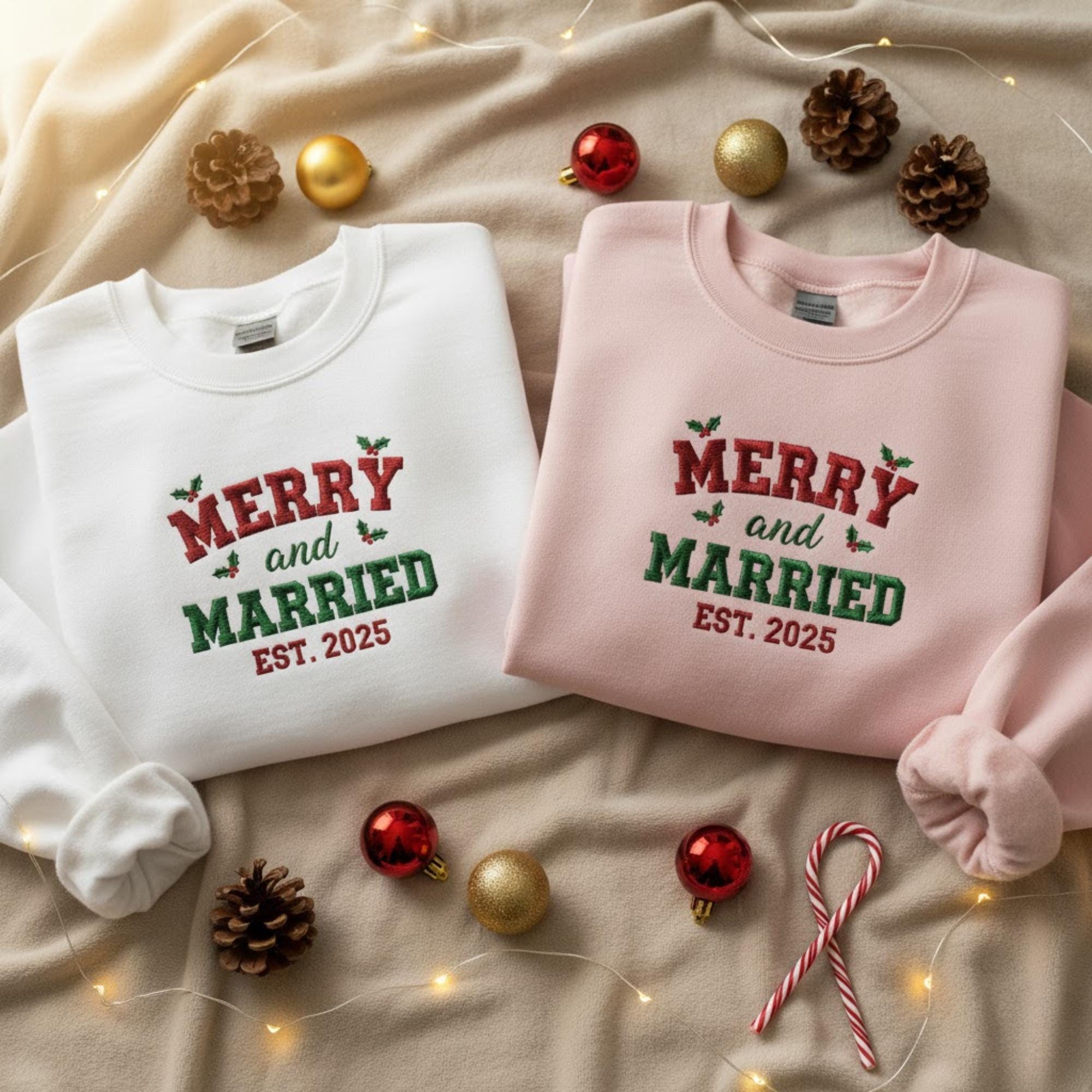 Merry and Married Embroidery Sweatshirt Christmas Newlywed Outfit Matching Couple Top Winter Fashion Bride and Groom Holiday Gift