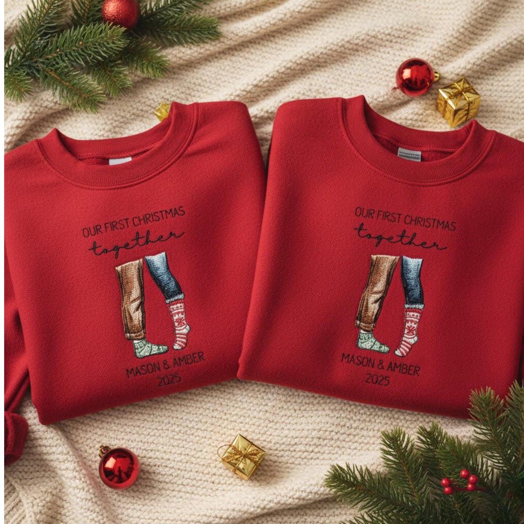 Custom Couple Embroidered Sweatshirt Our First Christmas Together Matching Mr and Mrs Outfit Personalized Names Newlywed Holiday Gift 2025