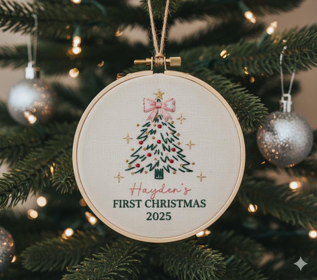 Personalized Baby's First Christmas Hand Embroidered Ornament, Handmade Holiday Decor, Unique Gift for New Baby, Custom Christmas Tree Gift