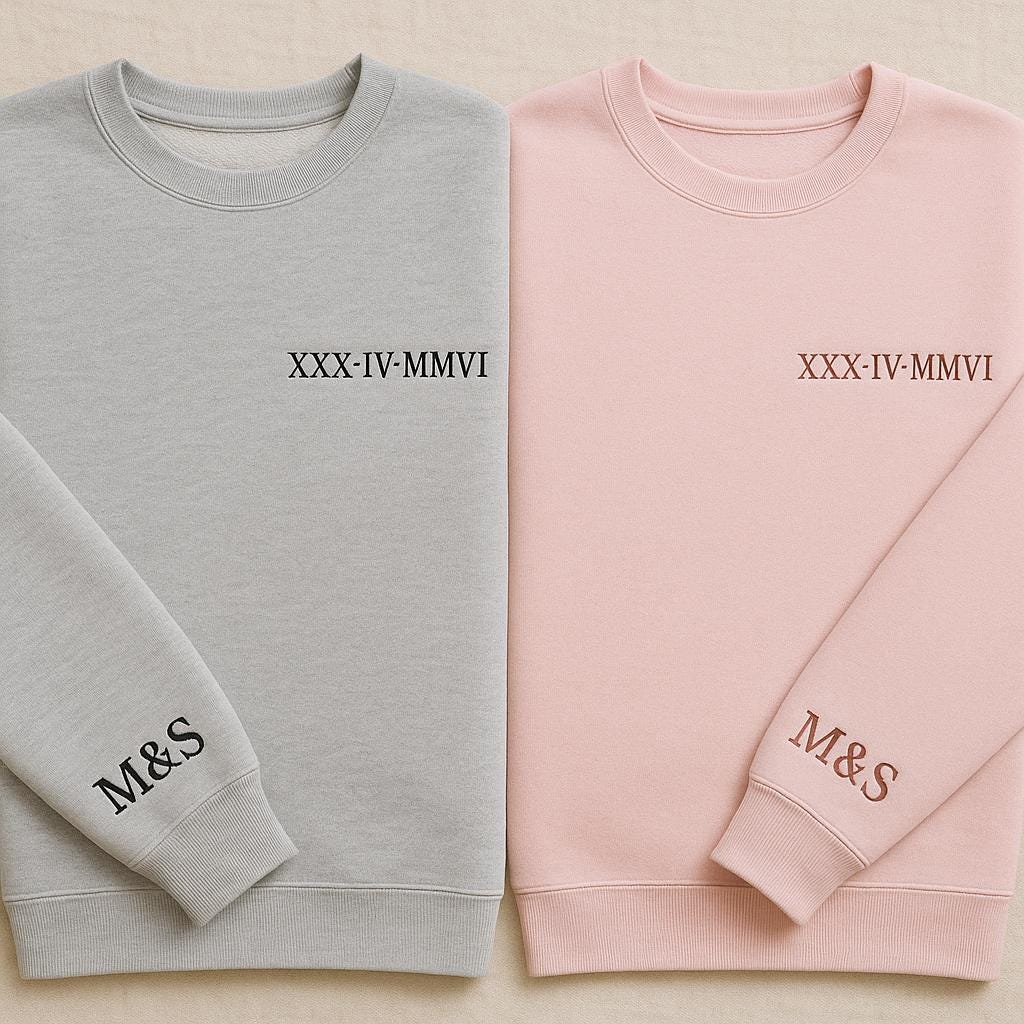 Roman Numeral Embroidered Matching Sweatshirt, Custom Initials With Heart Sleeve , Boyfriend Gift, Custom Anniversary Date Couple Jumper