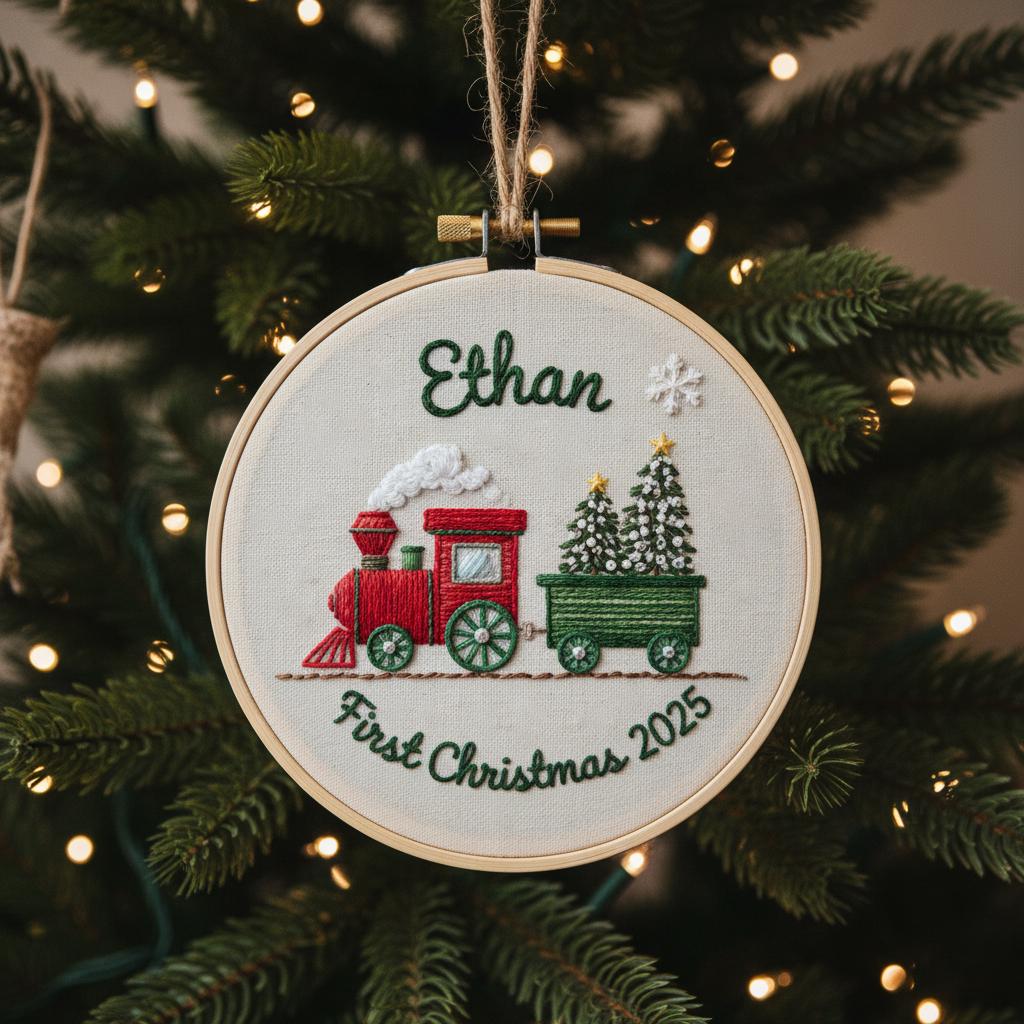 Personalized Baby's First Christmas Train Hand Embroidered Ornament, Handmade Holiday Decor, 2025 Gift for New Baby,Custom Christmas Gift
