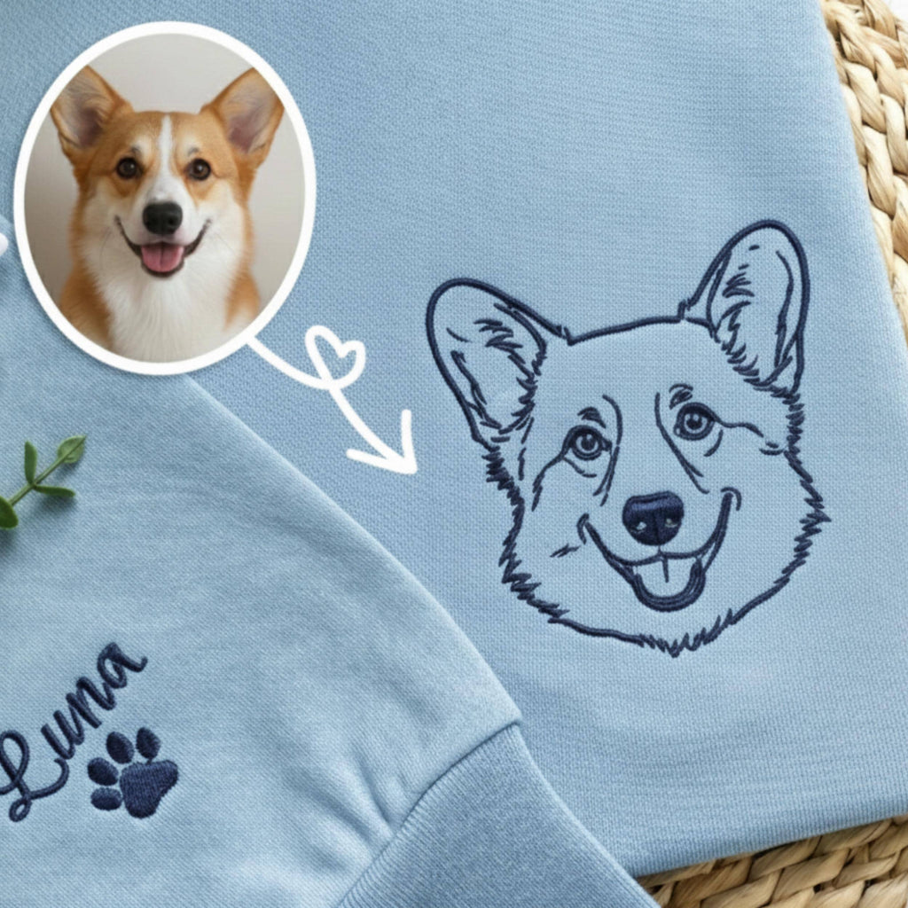 Custom Embroidered Line Art Pet Portrait Crewneck, Dog & Cat Gift