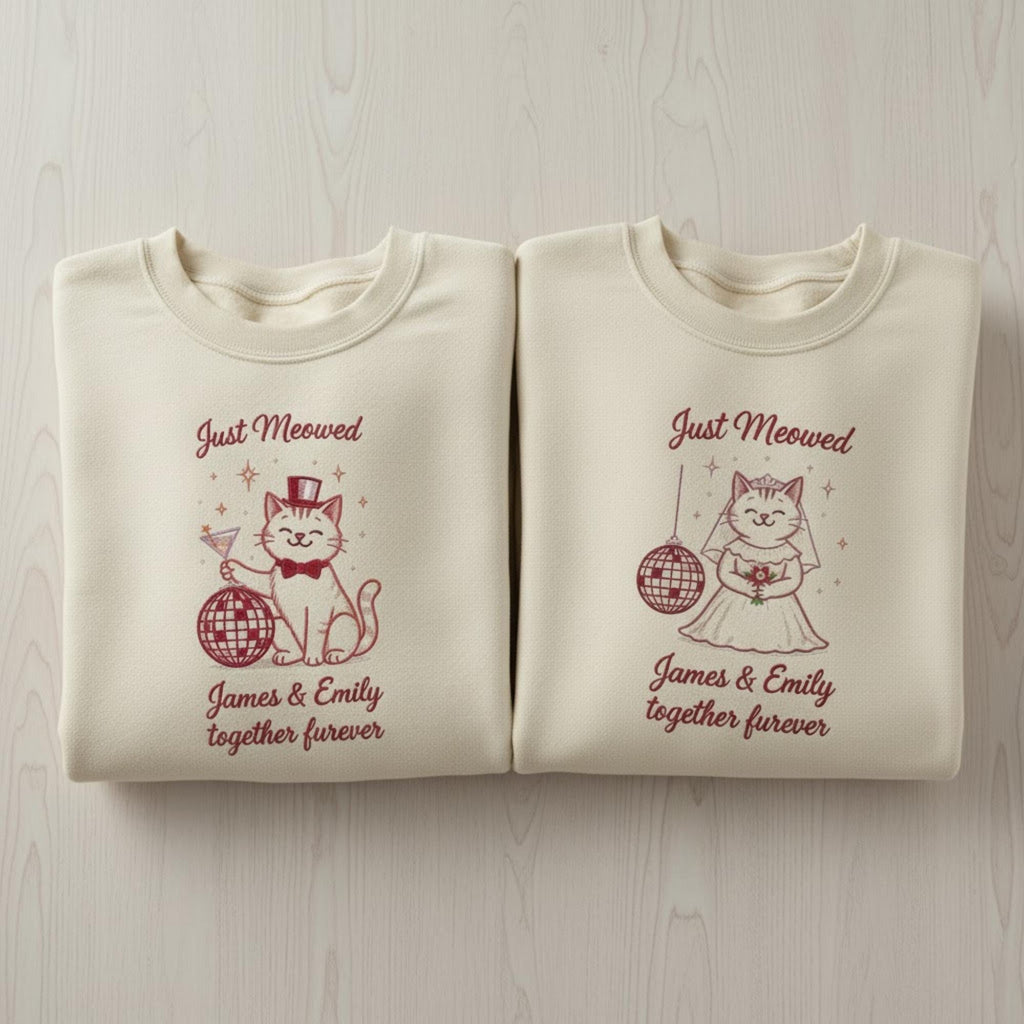 Embroidered Just Married Comfort Colors Shirt Honeymoon Shirts Newlywed Cat Couple Matching Mr and Mrs Personalized Wedding Date Gift