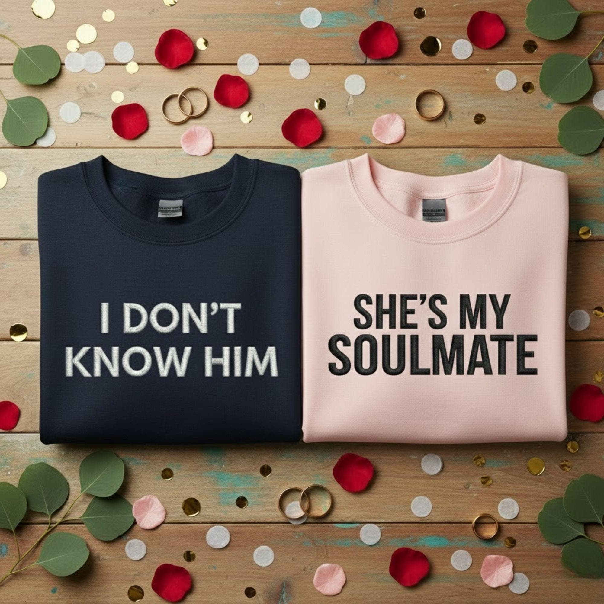 Funny Couples Embroidered Sweatshirt Shes My Soulmate I Dont Know Him Matching Shirts Valentines Anniversary Gift For Wife Husband