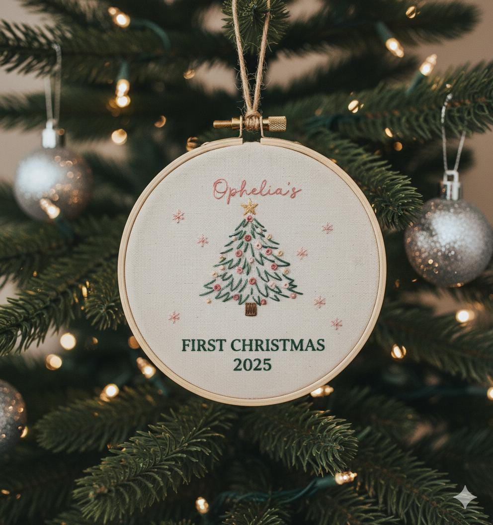 Personalized Baby's First Christmas Hand Embroidered Ornament, Handmade Holiday Decor, Unique Gift for New Baby, Custom Christmas Tree Gift