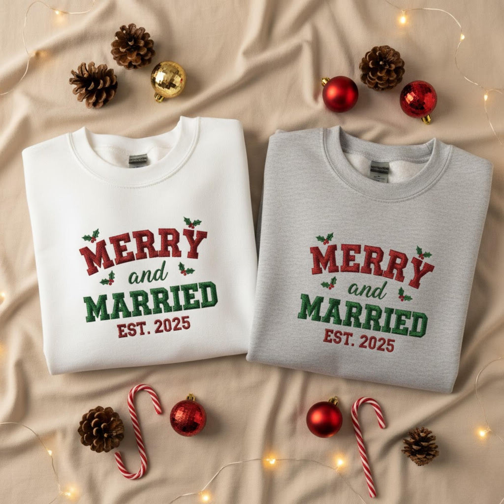 Merry and Married Embroidery Sweatshirt Christmas Newlywed Outfit Matching Couple Top Winter Fashion Bride and Groom Holiday Gift