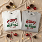 Merry and Married Embroidery Sweatshirt Christmas Newlywed Outfit Matching Couple Top Winter Fashion Bride and Groom Holiday Gift