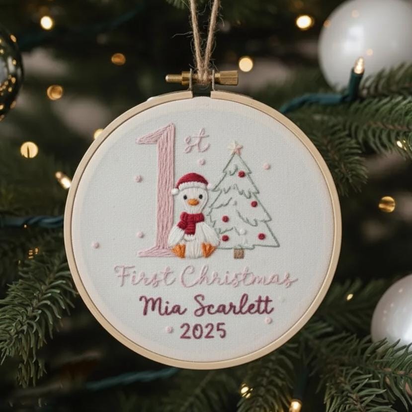 Custom Reindeer Baby's First Christmas Hand Embroidered Ornament, Personalized Unique Gift for New Baby, 2025 Christmas Gift, Holiday Decor 3