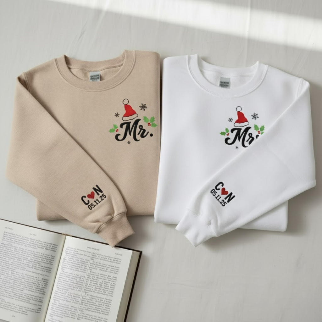 Personalized Embroidered Christmas Couple Sweatshirt Custom Initials And Anniversary Date Matching Mr And Mrs Holiday Gift