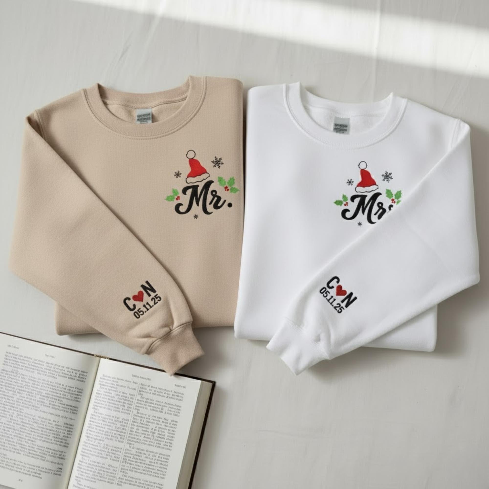 Personalized Embroidered Christmas Couple Sweatshirt Custom Initials And Anniversary Date Matching Mr And Mrs Holiday Gift