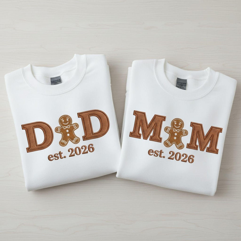 Matching Christmas Mom Dad Embroidered Sweatshirt Gingerbread Cookie Family Set Custom Est Date Pregnancy Reveal Mom To Be Dad To Be