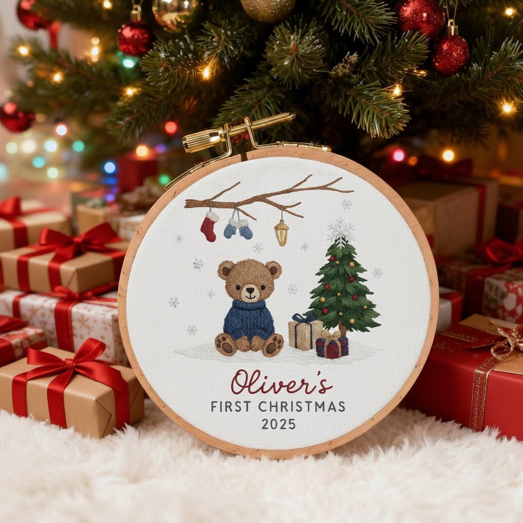 Personalized Baby’s First Christmas Embroidered Ornament, Custom Newborn Keepsake, Baby Girl Ornament, Handmade New Baby Gift