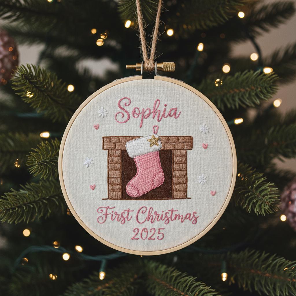 Personalized Baby's First Christmas Hand Embroidered Ornament, Handmade Holiday Decor, Unique Gift for New Baby, Custom Christmas Tree Gift