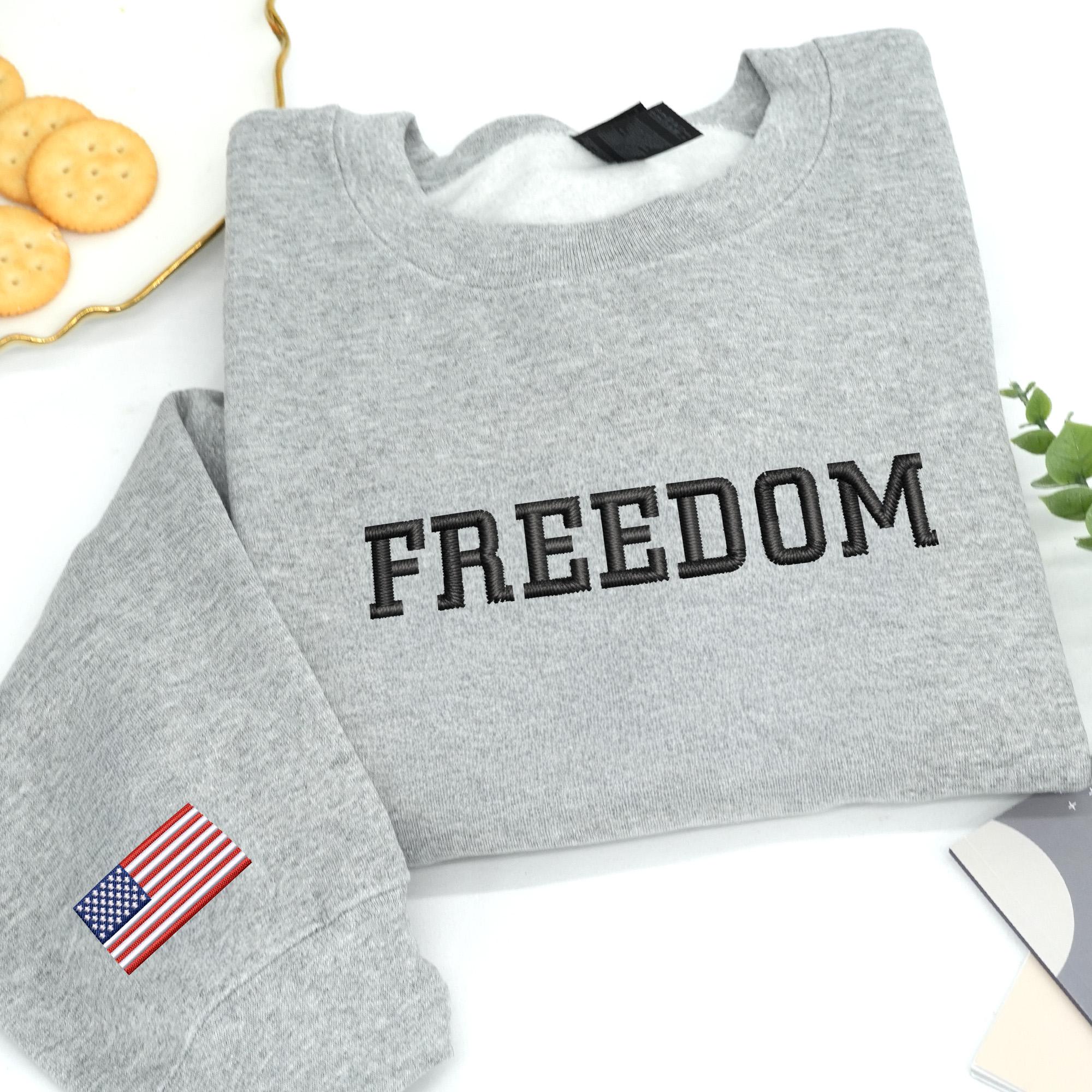 Freedom Charlie Kirk Embroidered Sweatshirt with USA Flag on SLeeve - Patriotic Sweatshirt - Justice for Charlie - America Womens Apparel
