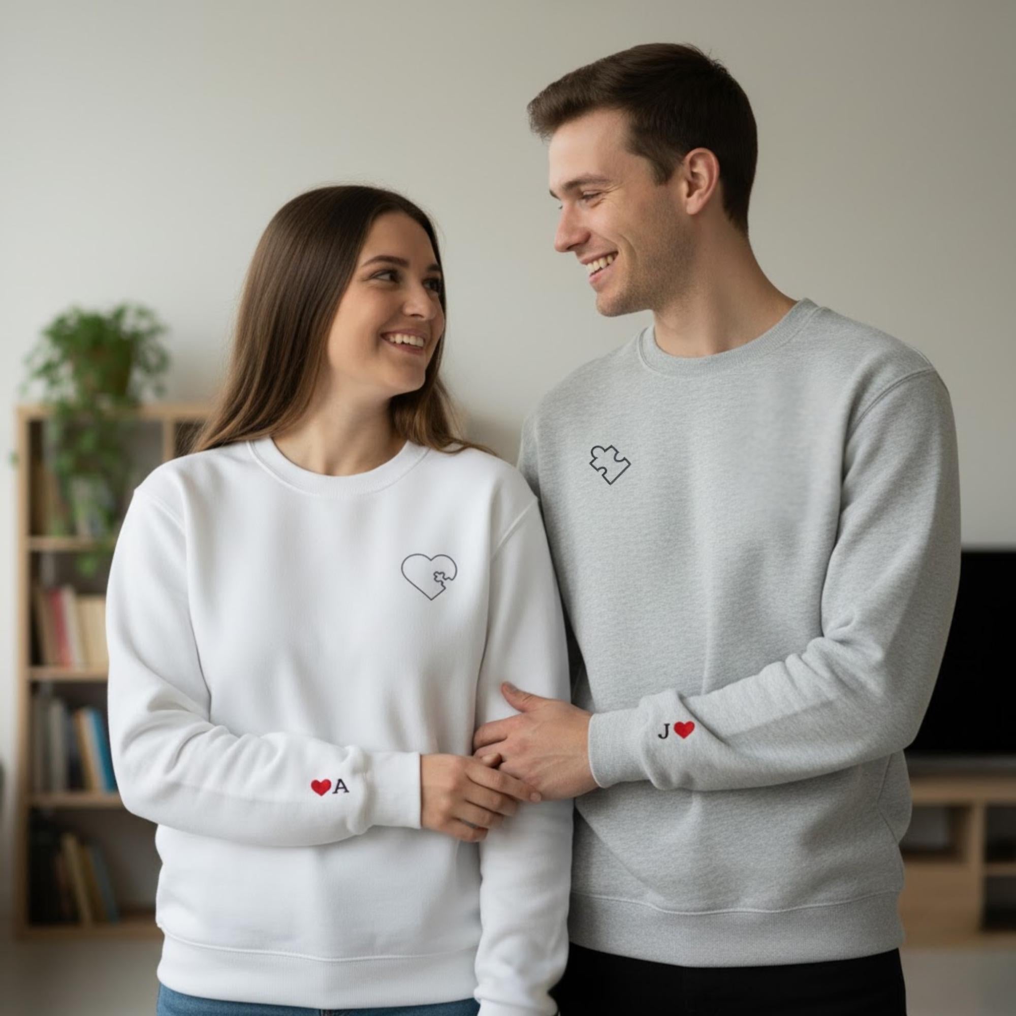 Personalized Embroidered Heart And Puzzle Piece Sweatshirt Matching Couples Gift Anniversary Valentines Day Gift For Boyfriend Girlfriend