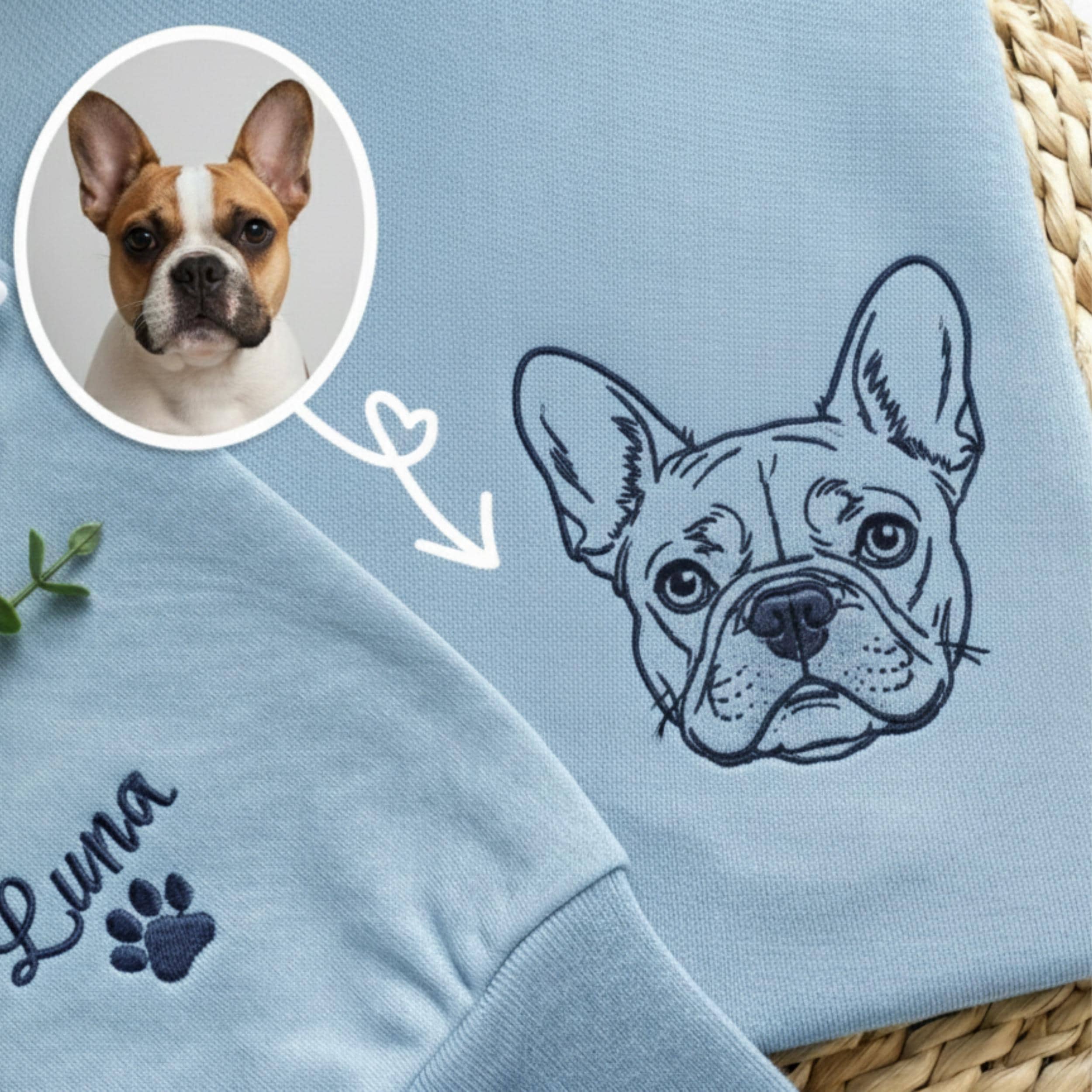 Custom Embroidered Line Art Pet Portrait Crewneck, Dog & Cat Gift