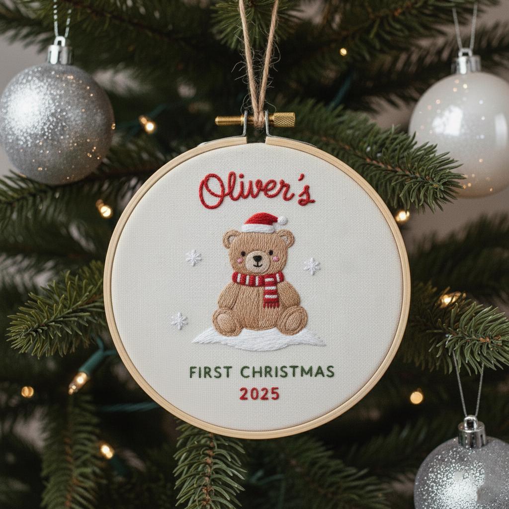 Custom Name Baby's First Christmas Hand Embroidered Ornament, Reindeer Holiday Decor, Personalized Unique Gift for Baby, 2025 Christmas Gift