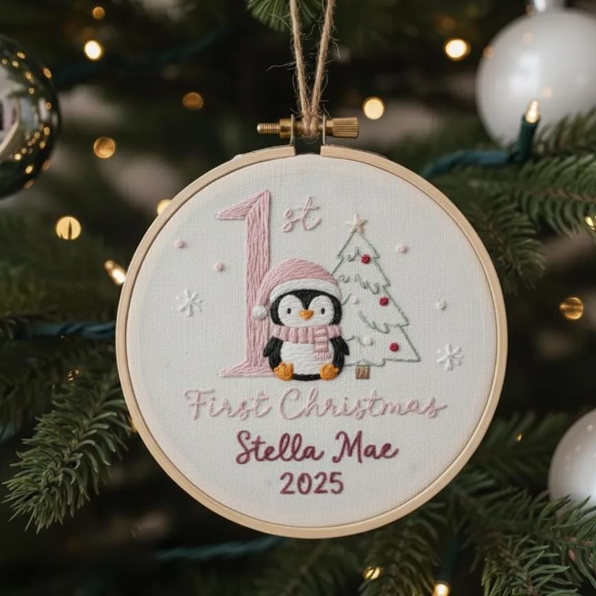 Custom Reindeer Baby's First Christmas Hand Embroidered Ornament, Personalized Unique Gift for New Baby, 2025 Christmas Gift, Holiday Decor 7