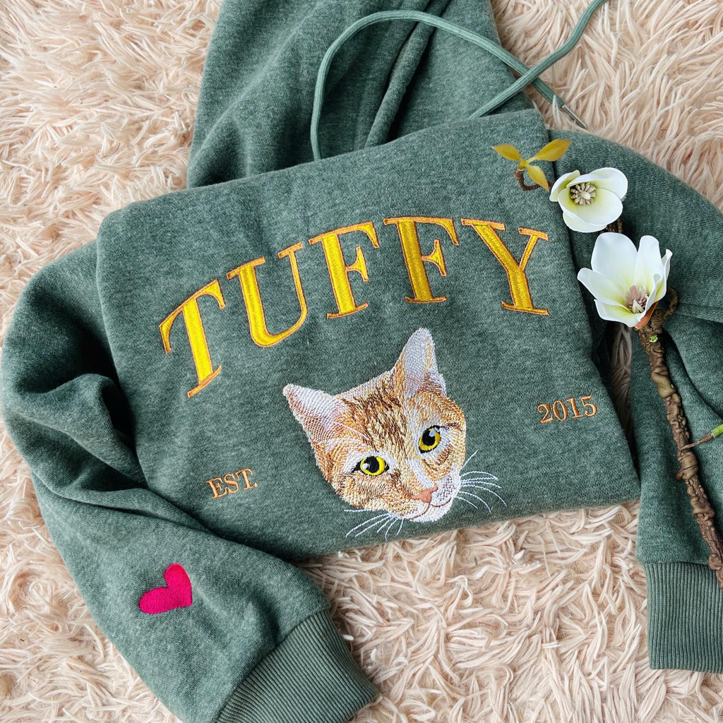 Embroidered Cat Mom Sweatshirt, Custom Cat Est Hoodie, Personalized Cat Lover Gifts, Shirt Pet Portrait Gift, Birthday Gift For Pet Mom