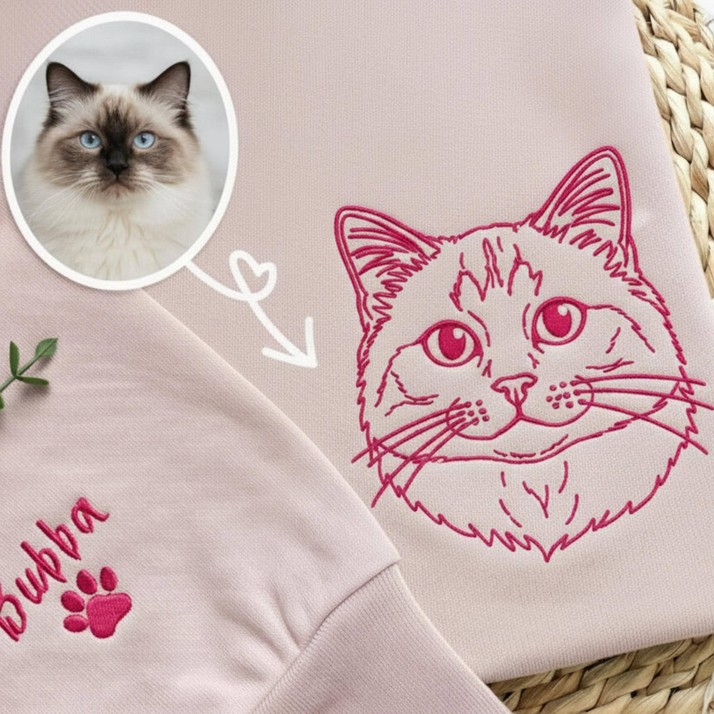 Custom Embroidered Line Art Pet Portrait Crewneck, Dog & Cat Gift 3