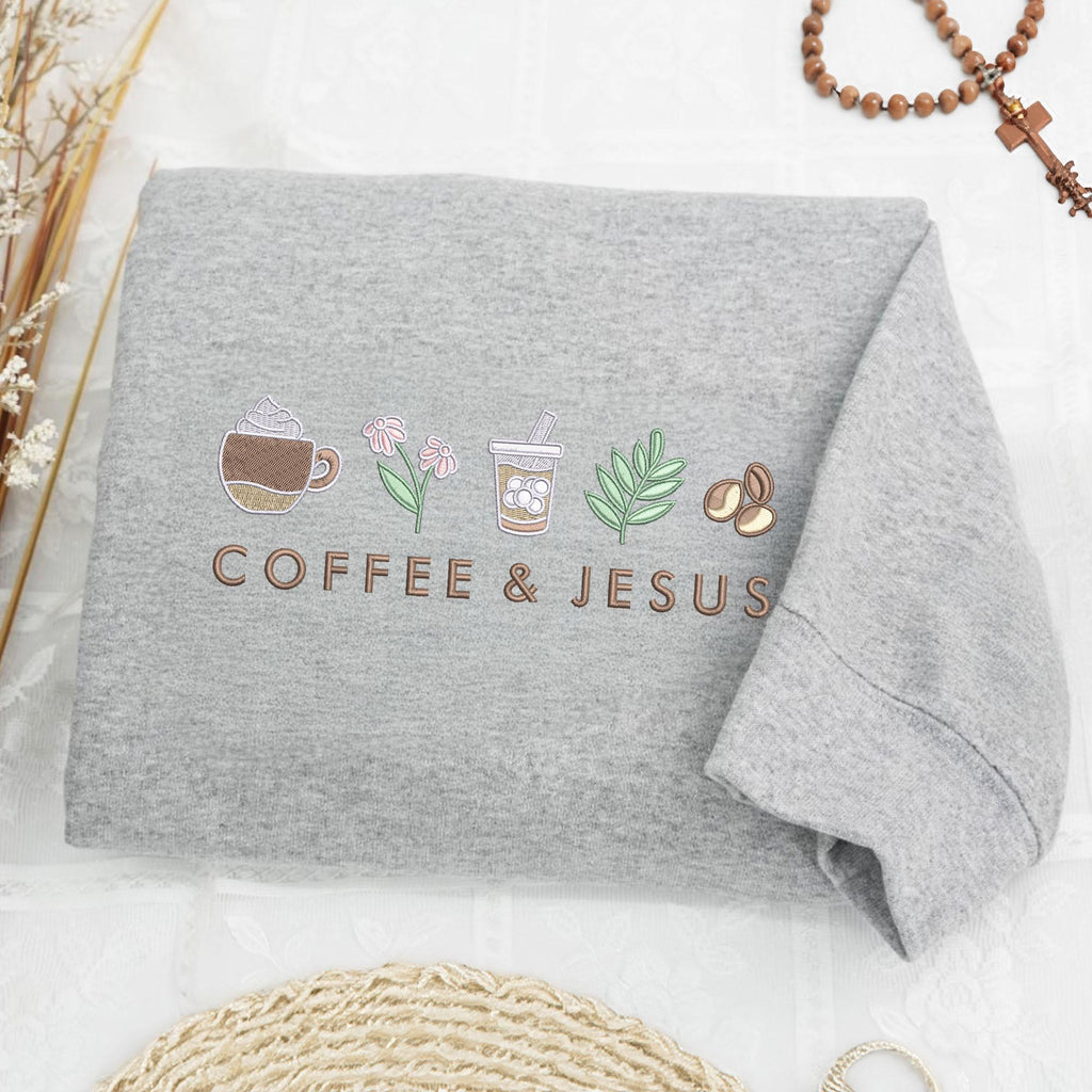 Embroidered Coffee and Jesus Crewneck: Christian Cozy Pullover