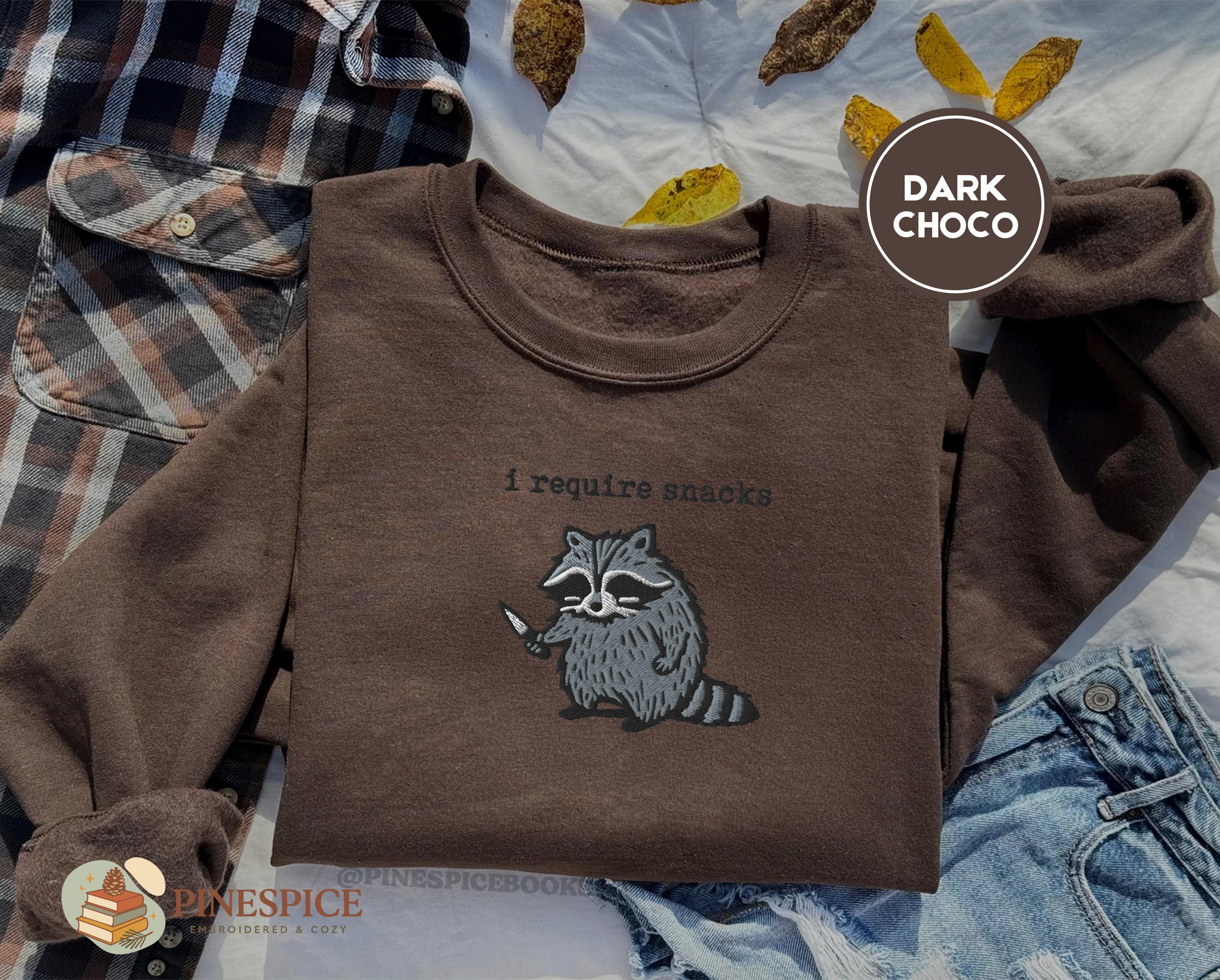 I require snacks sweatshirt, feral embroidered raccoon sweater, funny cozy gildan 18000, funny unhinged gift, embroidered animal sweatshirt