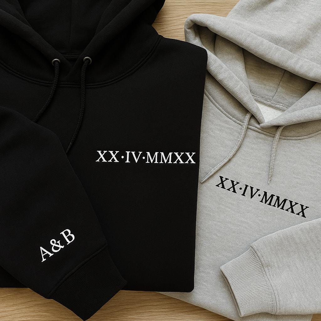 Roman Numeral Embroidered Matching T Shirt, Custom Initials tshirt With Heart Sleeve, Boyfriend Gift, Custom Anniversary Date Couple tee Top