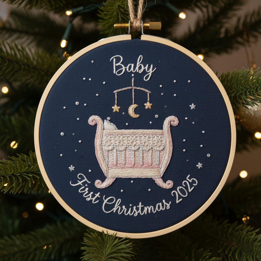 Personalized Baby's First Christmas Hand Embroidered Ornament, Handmade Holiday Decor, Unique Gift for New Baby, Custom Christmas Tree Gift