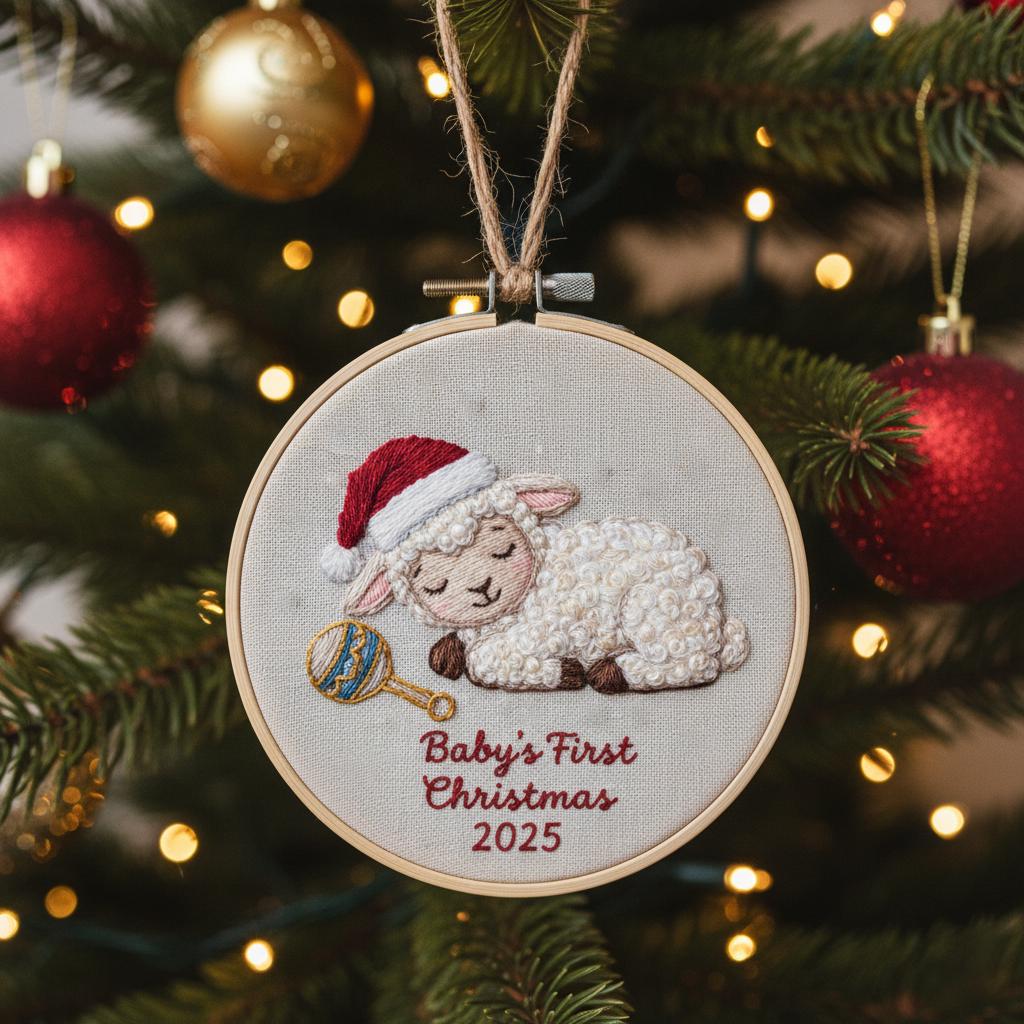Personalized Baby's First Christmas Hand Embroidered Ornament, Handmade Holiday Decor, Unique Gift for New Baby, Custom Christmas Tree Gift