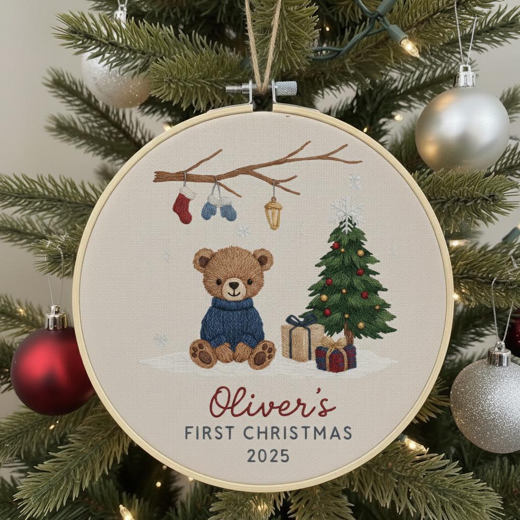 Personalized Baby’s First Christmas Embroidered Ornament, Custom Newborn Keepsake, Baby Girl Ornament, Handmade New Baby Gift 4