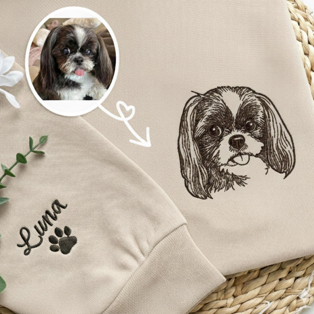 Custom Embroidered Line Art Pet Portrait Crewneck, Dog & Cat Gift