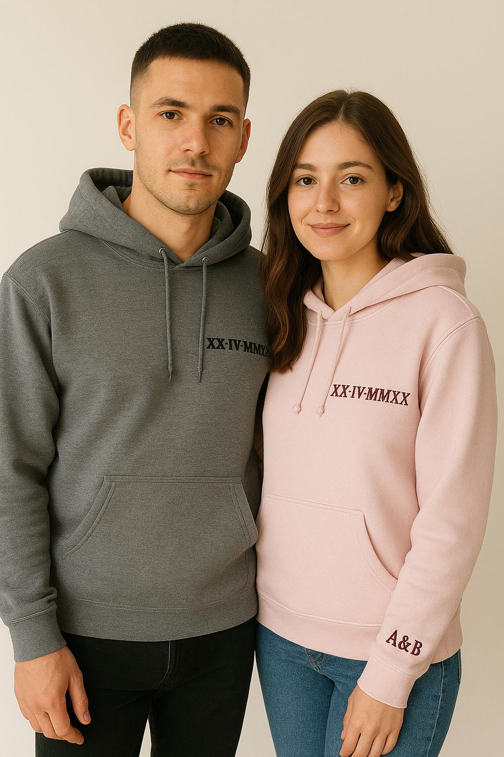 Roman Numeral Embroidered Matching Sweatshirt, Custom Initials With Heart Sleeve , Boyfriend Gift, Custom Anniversary Date Couple Jumper