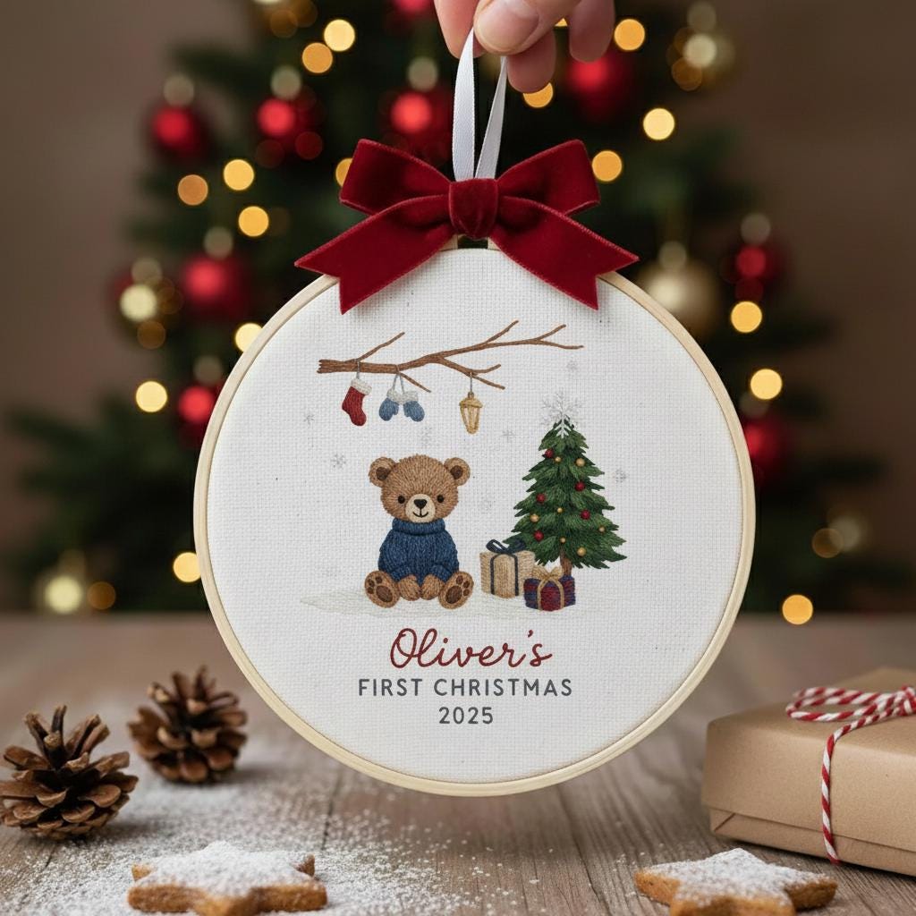 Personalized Baby’s First Christmas Embroidered Ornament, Custom Newborn Keepsake, Baby Girl Ornament, Handmade New Baby Gift