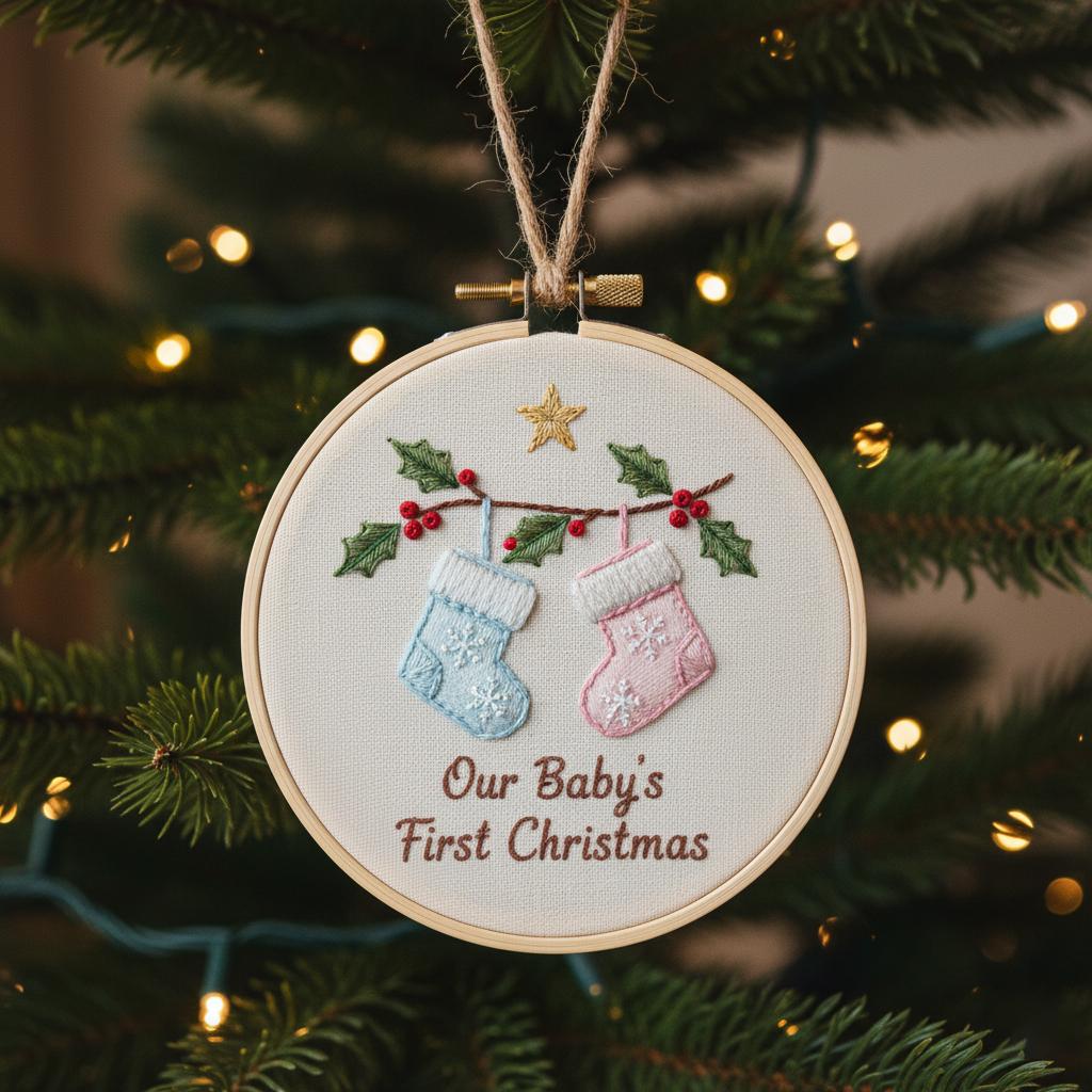 Personalized Baby's First Christmas Hand Embroidered Ornament, Handmade Holiday Decor, Unique Gift for New Baby, Custom Christmas Tree Gift