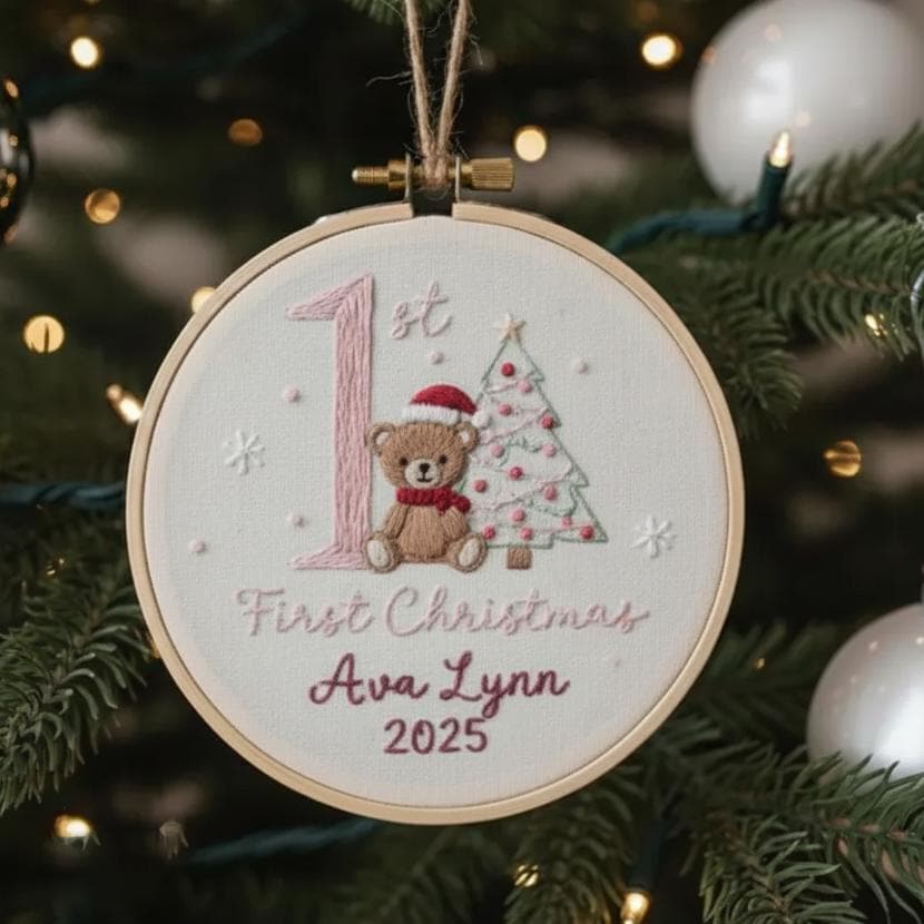 Custom Reindeer Baby's First Christmas Hand Embroidered Ornament, Personalized Unique Gift for New Baby, 2025 Christmas Gift, Holiday Decor