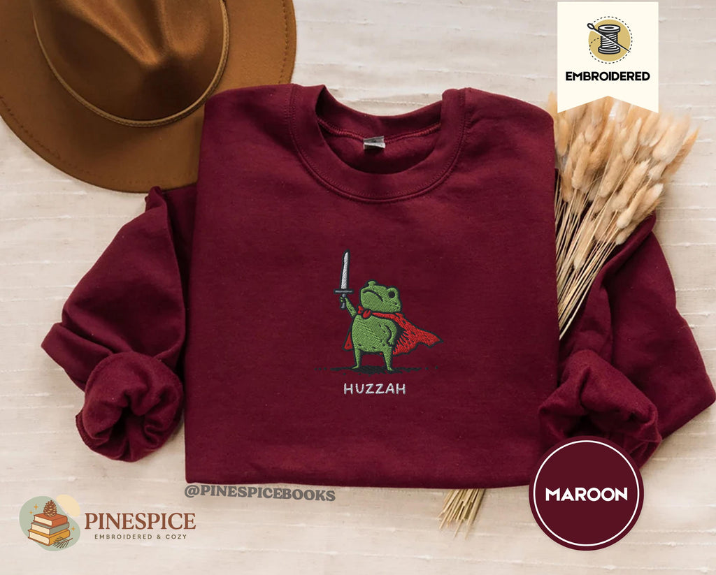 Huzzah Frog Sweatshirt, Embroidered Gildan 18000, Funny DnD Pullover, Renaissance Faire Frog Crewneck, Medieval Fantasy Gamer Gift