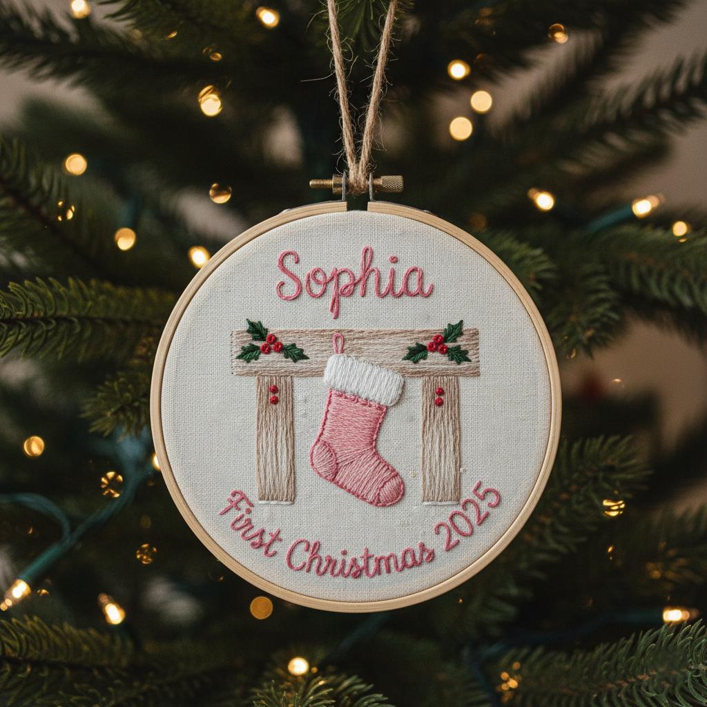 Personalized Baby's First Christmas Hand Embroidered Ornament, Handmade Holiday Decor, Unique Gift for New Baby, Custom Christmas Tree Gift