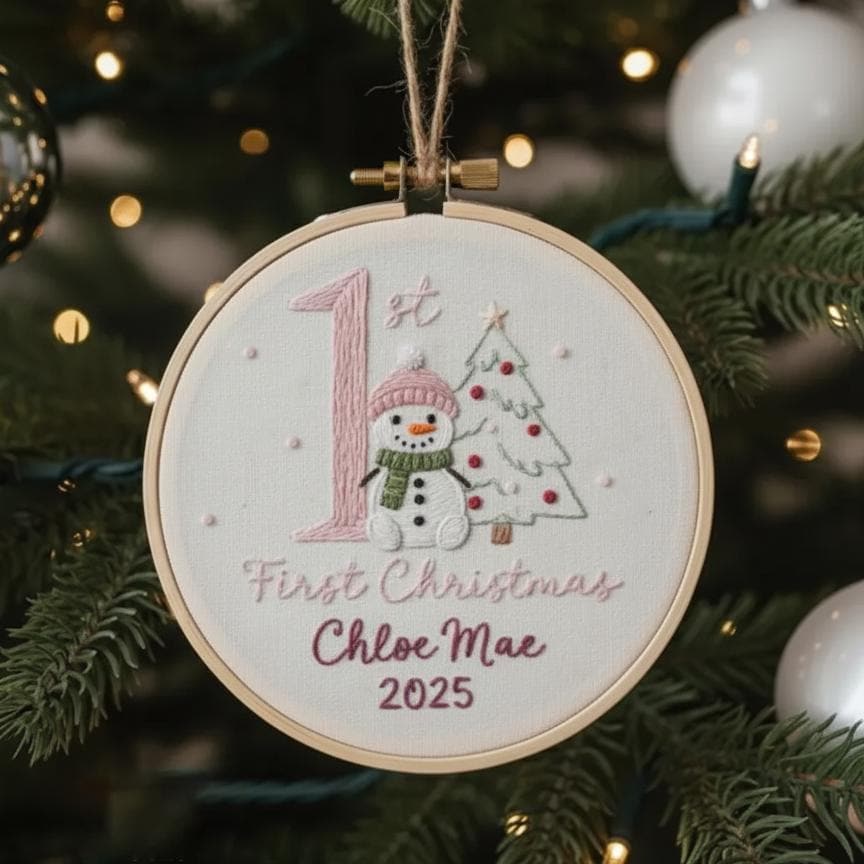Custom Reindeer Baby's First Christmas Hand Embroidered Ornament, Personalized Unique Gift for New Baby, 2025 Christmas Gift, Holiday Decor 3