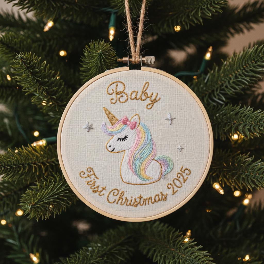 Personalized Baby's First Christmas Hand Embroidered Ornament, Handmade Holiday Decor, Unique Gift for New Baby, Custom Christmas Tree Gift