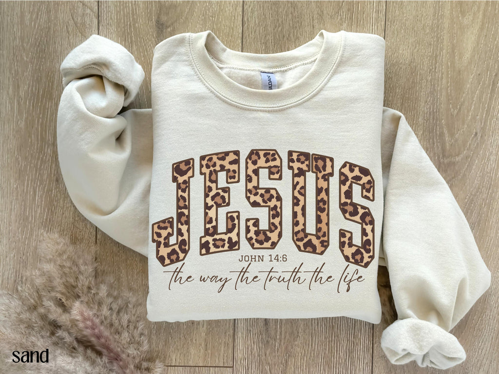 Christian Jesus Sweatshirt, Cheetah Print Bible Verse Tshirt, Trendy Faith Apparel Gift, Jesus Loves You, The Way The Truth The Life