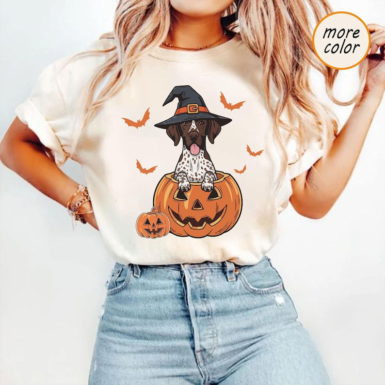 Halloween Shorthaired Pointer Sweatshirt, Retro Fall Spooky Vibes Witch Dog in Pumpkins Shirt, Gsp Dog Lover Halloween Shirt, Halloween Dog