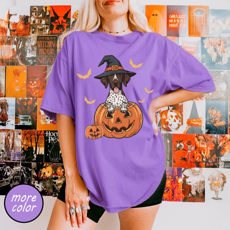 Halloween Shorthaired Pointer Sweatshirt, Retro Fall Spooky Vibes Witch Dog in Pumpkins Shirt, Gsp Dog Lover Halloween Shirt, Halloween Dog