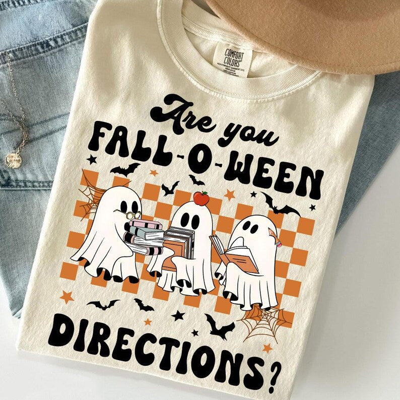 Teacher Comfort Colors Halloween Shirt, Spooky Cute Ghost Teacher TShirt, Are You Fall-O-Ween Directions T-Shirt, Funny Fall Halloween Tee